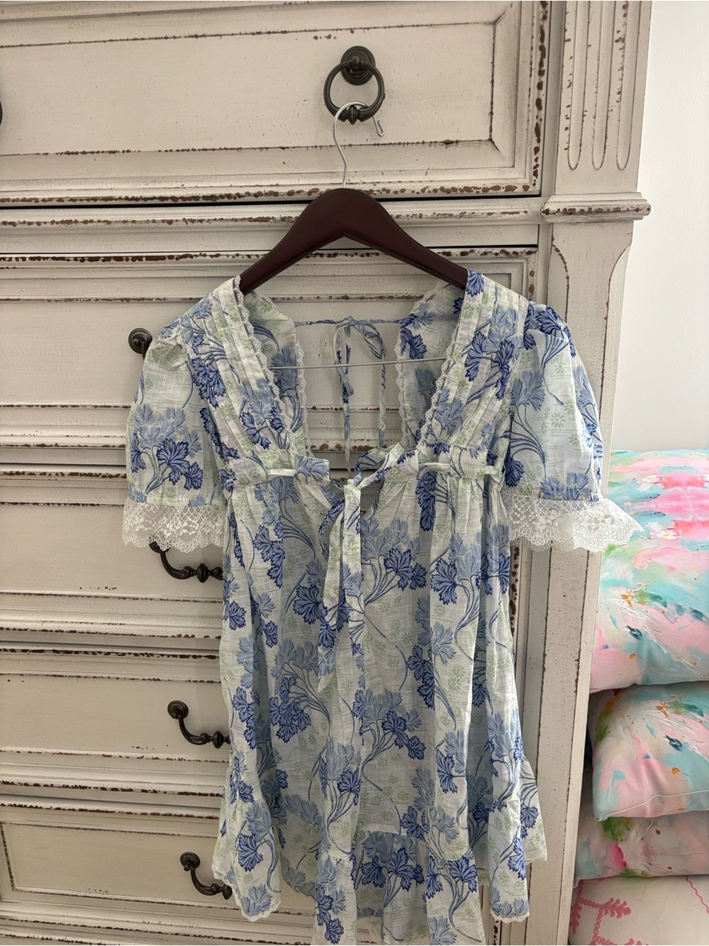 Anthropologie Blue and White Floral Lace-Trim Peasant Top